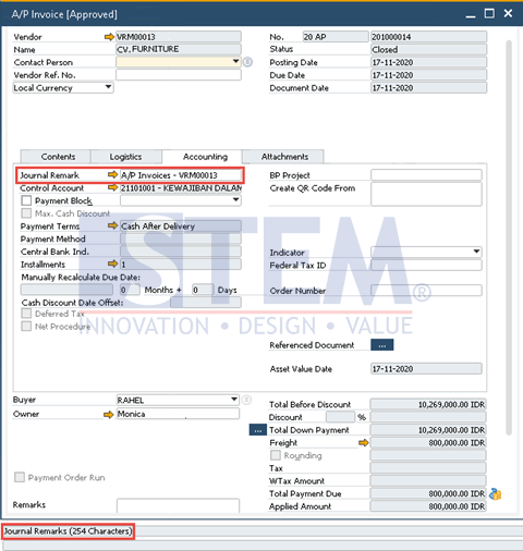 SAP Business One Tips - Number of Journal Remarks Character Extended