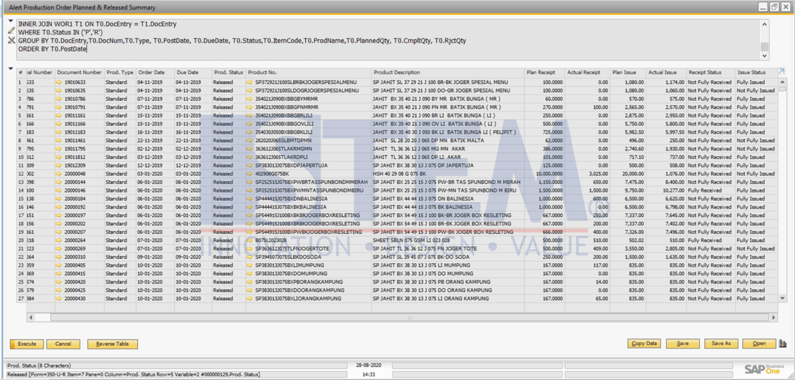 SAP Business One Tips - Custom Report –  Query Production Order Planned and Released Summary