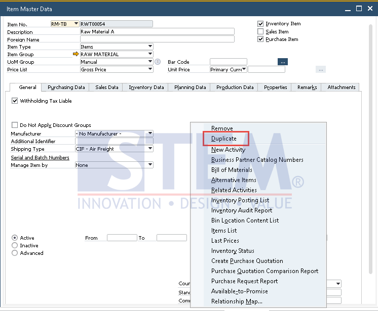 SAP Business One Tips - Duplicate Item Master Data in SAP Business One