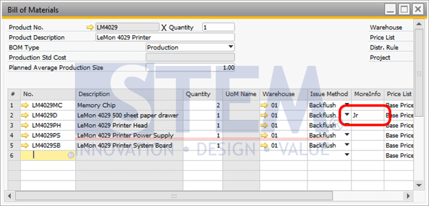 SAP Business One Tips - Additional Information on Bill of Materials Component