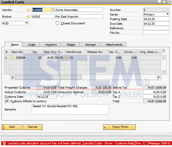 SAP Business One Tips - Error Add Landed Cost