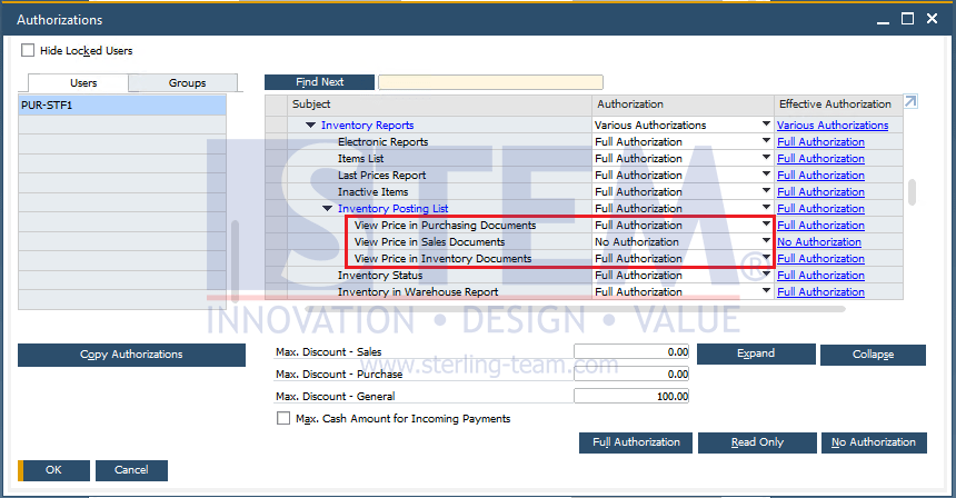 SAP Business One Tips - Authorizations User to View the Price after Discount
