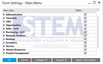 SAP Business One Tips - Form Setting Main Menu Authorization