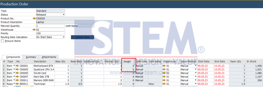 How to Return Issued Components in Production Order